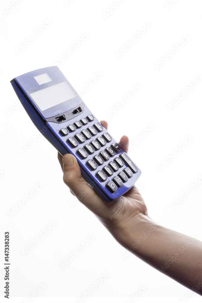 woman hand hold a calculator isolated white. woman hand hold a calculator isolated white.