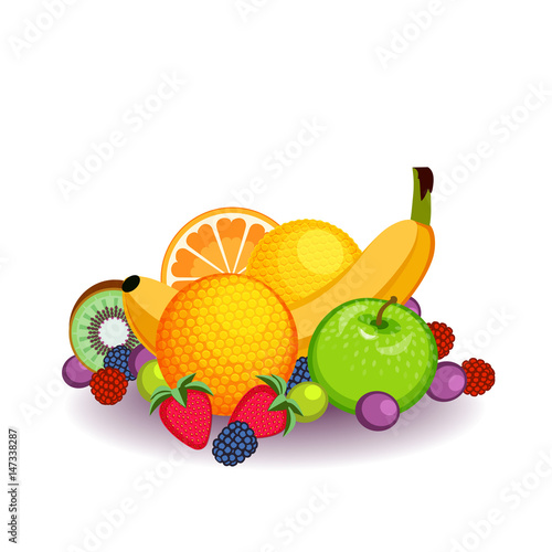 Fruit arrangement with green apple, banana, berries, kiwi and orange.
