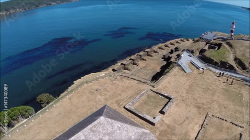 Drone aerial view of fort and landscape at Valdivia Province in Chile photo