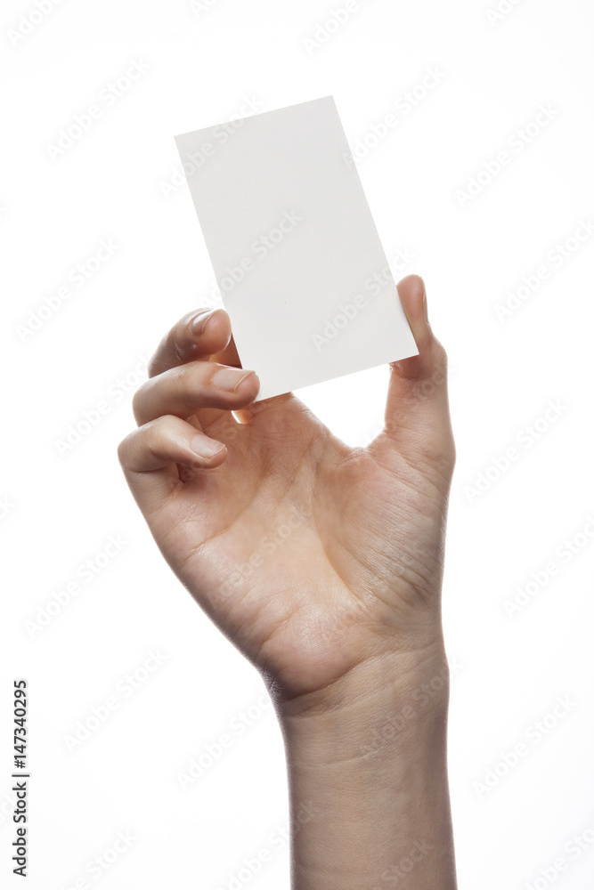 woman hand hold a white paper(name card) isolated white. woman hand hold a white paper(name card) isolated white.