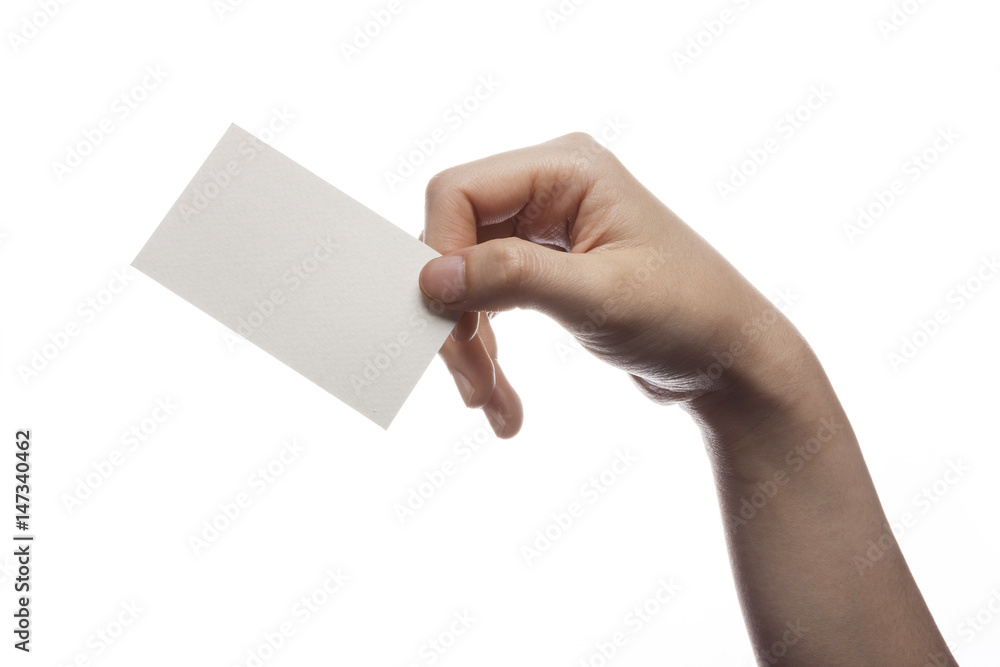 woman hand hold a white paper(name card) isolated white. woman hand hold a white paper(name card) isolated white.