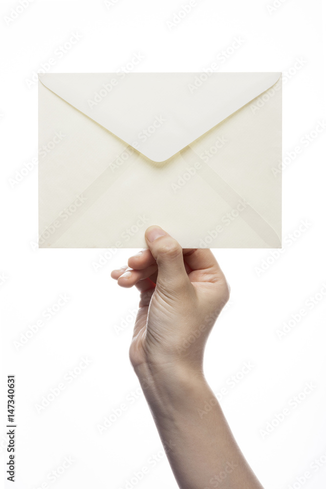 woman hand hold a paper(envelope) isolated white.