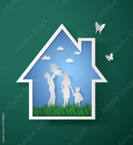 concept of happy family with home,paper art and craft style.