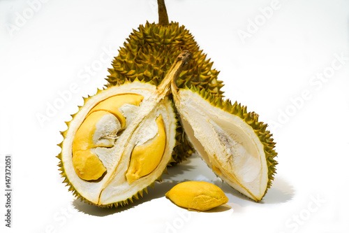 Fresh Cut Durian on white background, a close-up view of Durian, Durian pulp, Durian D158 photo