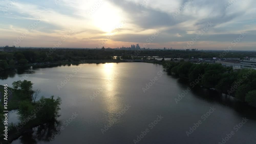 Aerial View Flying Towards Philadelphia at Sunset Aerial View Flying Towards Philadelphia at Sunset