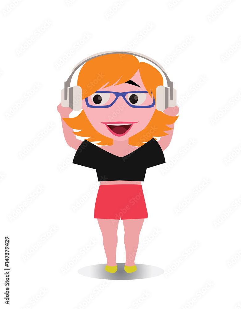 Happy, Smiling and Laughing Avatar of Cartoon Character in Flat Vector - Use as Emoji, Mascot or Emoticon Young Female with Headphones Illustration Isolated on White Background