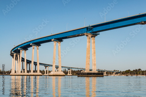 The concrete and steel girders of the San Diego-Coronado Bay bridge as it spans San Diego bay. 