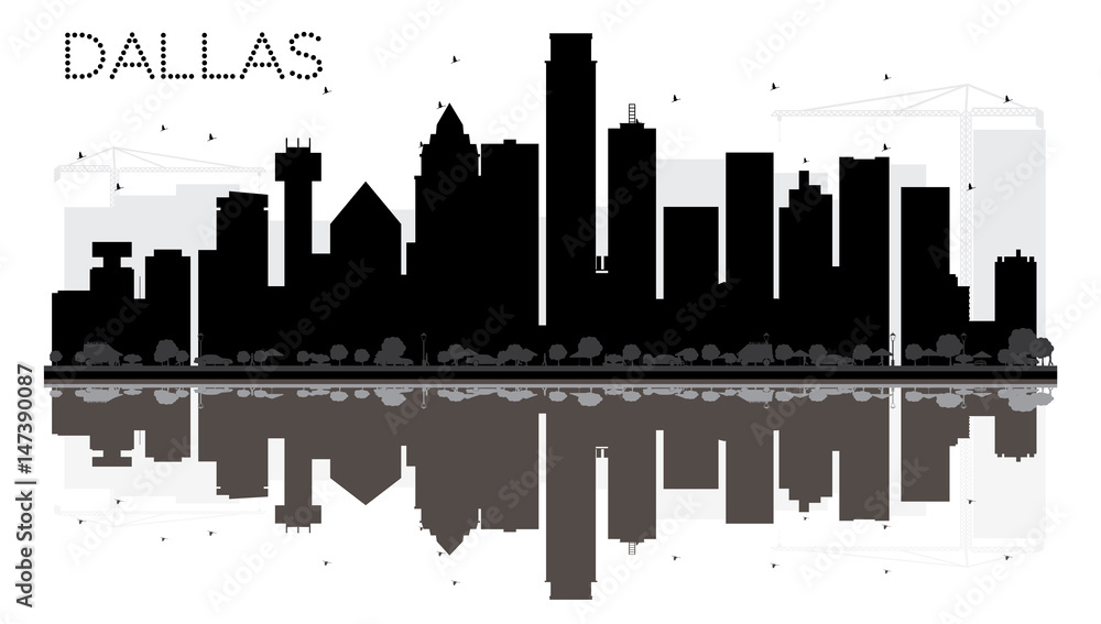 Dallas City skyline black and white silhouette with reflections.