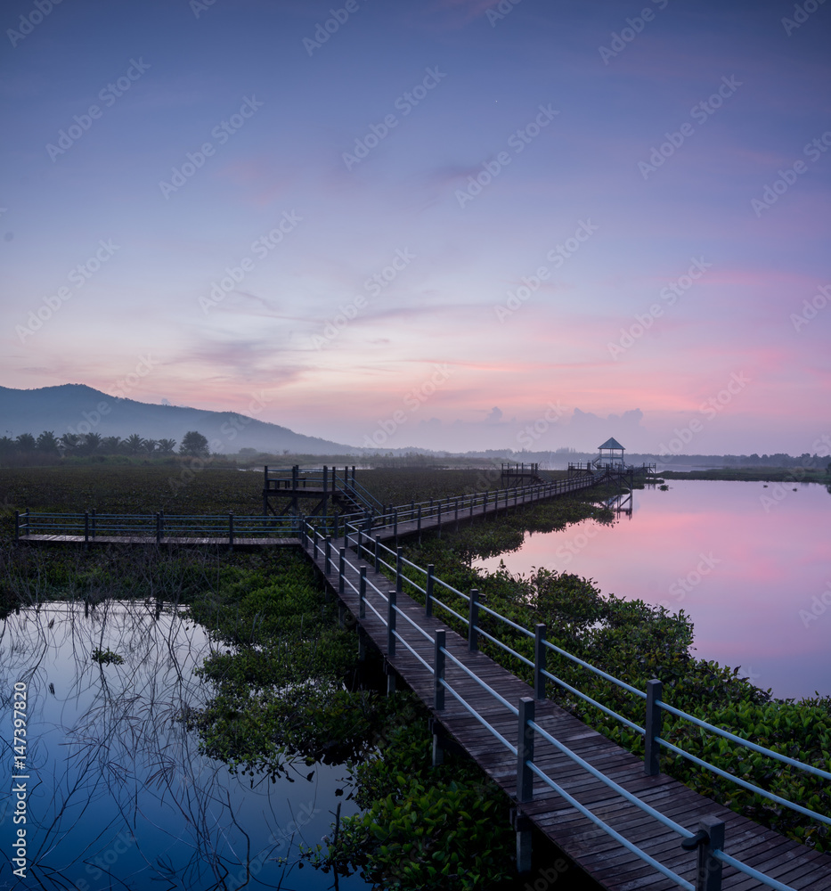 landscape of morning light in reservoir, Thailand