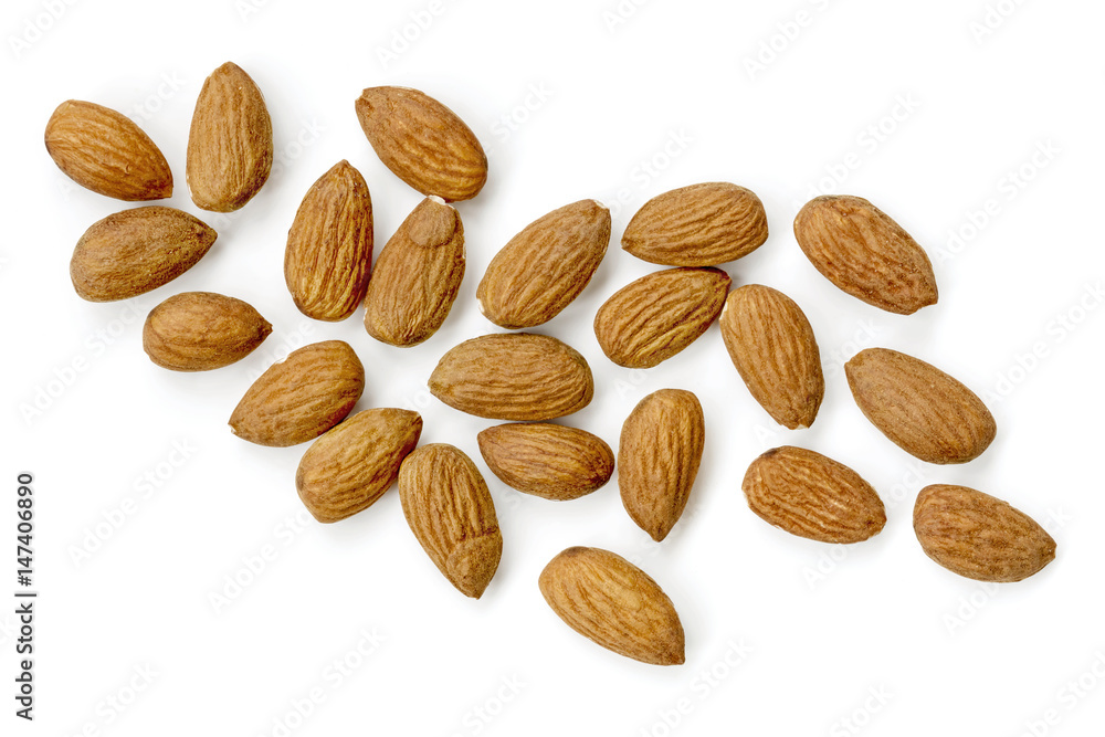 Almonds Isolated on White Scattered Top View Almonds Isolated on White Scattered Top View