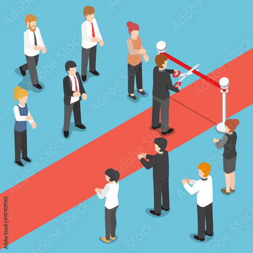 Isometric businessman cutting red ribbon at grand opening event.