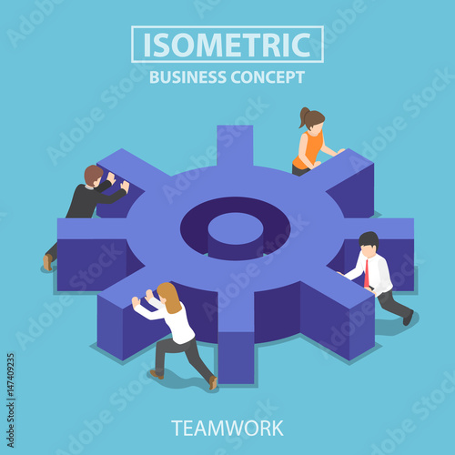 Isometric business team pushing a big cogwheel.