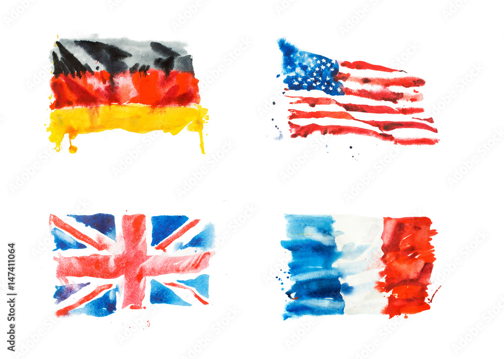Obraz premium Flags of USA, Great Britain, France, Germany hand drawn watercolor illustration.