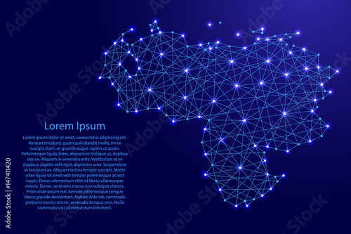 Map of Venezuela from polygonal blue lines and glowing stars vector illustration