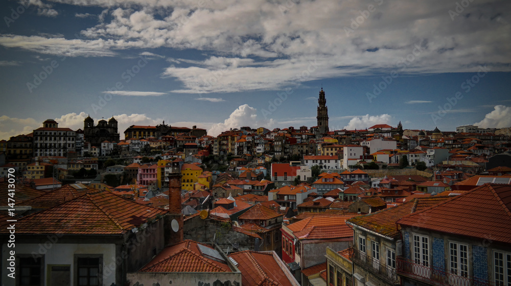 Panorama aerial view to Porto at sunset, Portugal