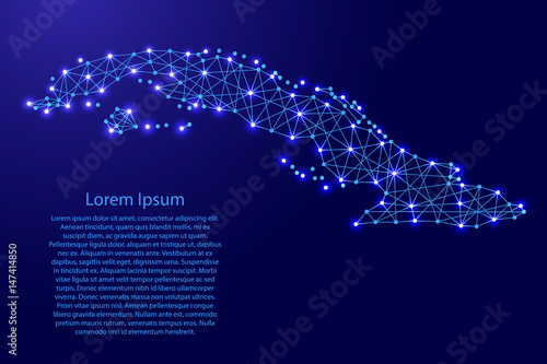 Map of Cuba from polygonal blue lines and glowing stars vector illustration