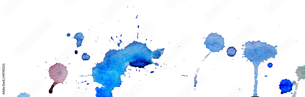 Blue watercolor splashes and blots on white background. Ink painting. Hand drawn illustration. Abstract watercolor artwork. Blue watercolor splashes and blots on white background. Ink painting. Hand drawn illustration. Abstract watercolor artwork.