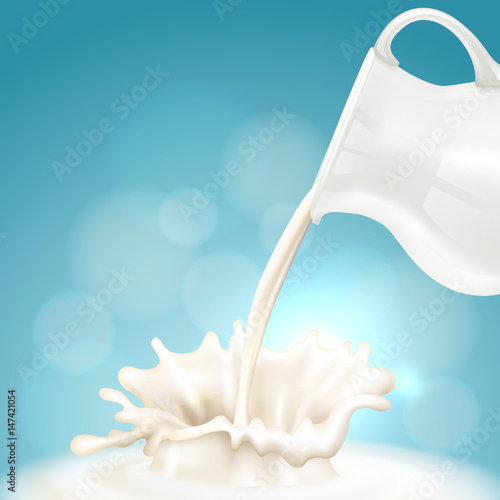 Jug of milk, realistic milk splashes. Vector.