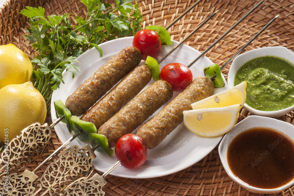 Chicken minced Shish Kebab with vegetable and mint dip Chicken minced Shish Kebab with vegetable and mint dip