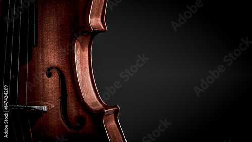 Violin musical instruments of orchestra closeup on black