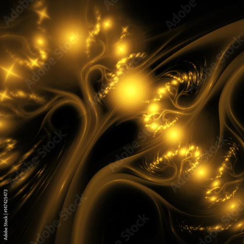 Abstract blurred golden branches and sparkles on black background. Psychedelic fractal design. Digital art. 3D rendering.