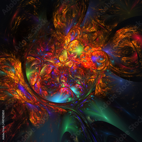 Abstract glossy orange, blue and green shapes on black background. Fantasy fractal design. Psychedelic digital art. 3D rendering.