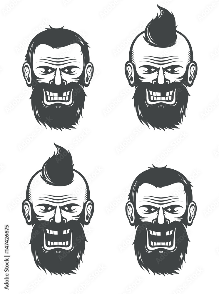 Evil face of a bearded man with an open and a closed mouth. Vector black and white illustration.