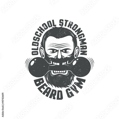 Logo for brutal fitness club. Bearded man with dumbbell in his teeth and inscriptions around. Grunge texture on a separate layer and can be easily disabled.