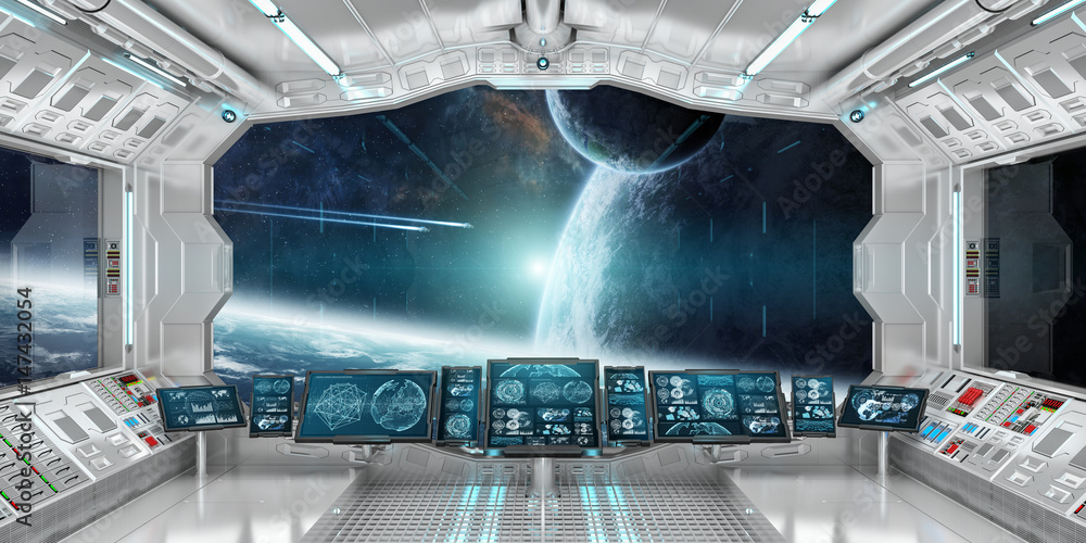 Naklejka premium Wnętrze statku kosmicznego z widokiem na system odległych planet Elementy renderowania 3D tego obrazu dostarczone przez NASA