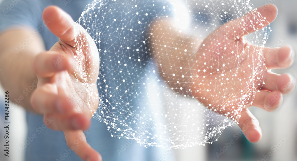 Businessman holding flying network sphere 3D rendering Businessman holding flying network sphere 3D rendering