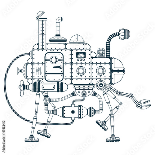 Fantastic steampunk self-propelled machine with four legs. Vector monochrome illustration.