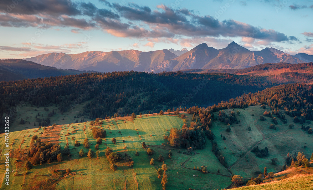 Fototapeta premium Majestic sunset in mountains landscape, Carpathian, Slovakia