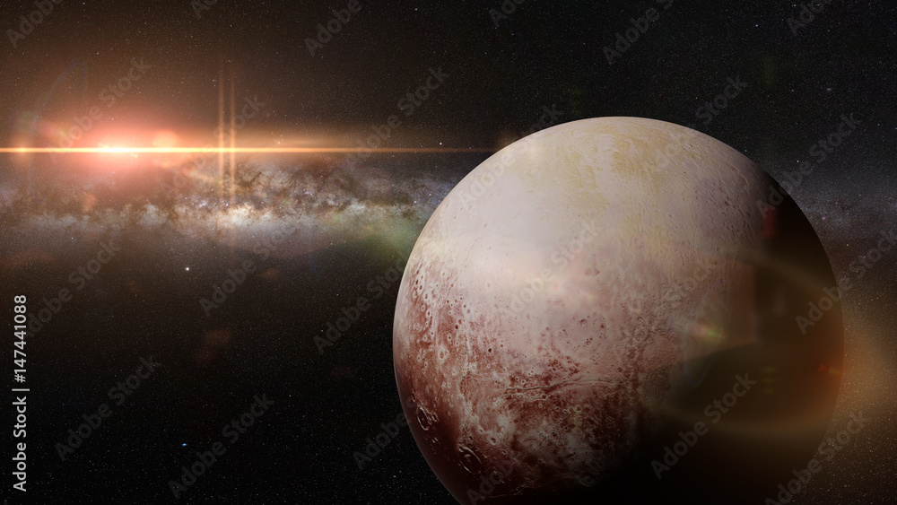 Fototapeta premium dwarf planet Pluto in front of the beautiful bright Milky Way galaxy