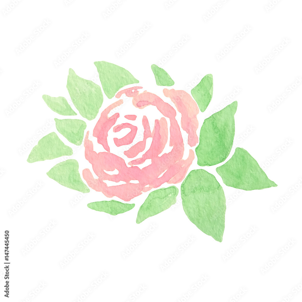 Obraz premium Hand drawn abstract watercolor pink rose with leaves on the white background