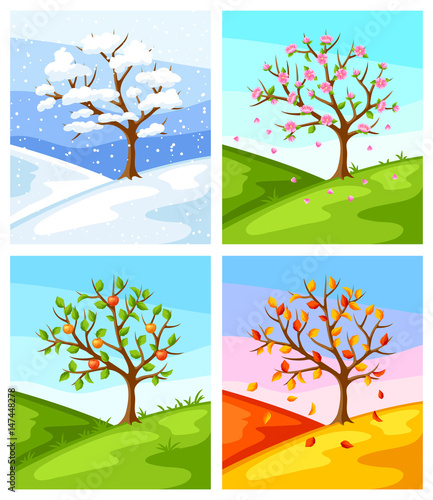 Four seasons. Illustration of tree and landscape in winter, spring, summer, autumn.