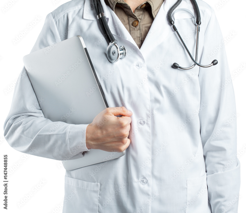 Female doctor holding a laptop, isolated on white background Female doctor holding a laptop, isolated on white background