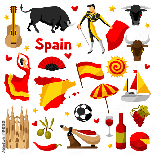 Spain icons set. Spanish traditional symbols and objects photo