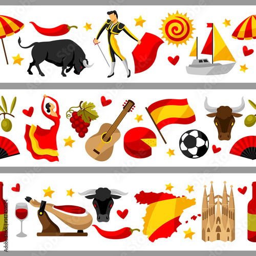 Spain seamless border. Spanish traditional symbols and objects