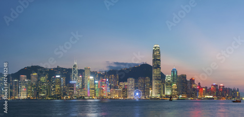 Photography Panorama of skyline of Hong Kong city at dusk