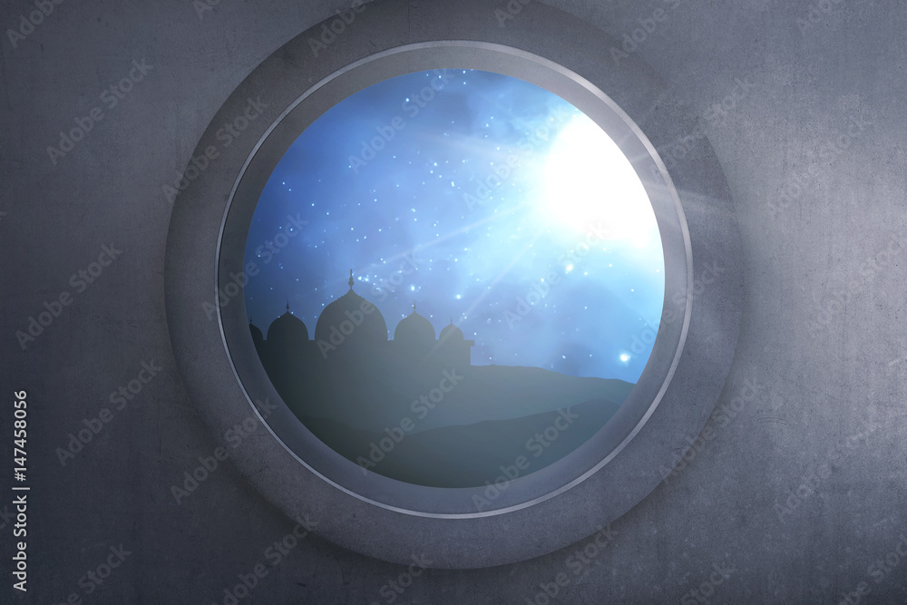 Silhouette of mosque with shiny moonlight from window Silhouette of mosque with shiny moonlight from window