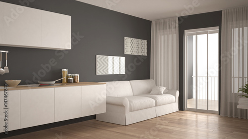 Scandinavian kitchen with sofa, wooden parquet floor, white and gray minimalist interior design