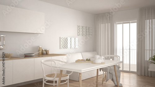Scandinavian kitchen with sofa and table, wooden parquet floor, white minimalist interior design