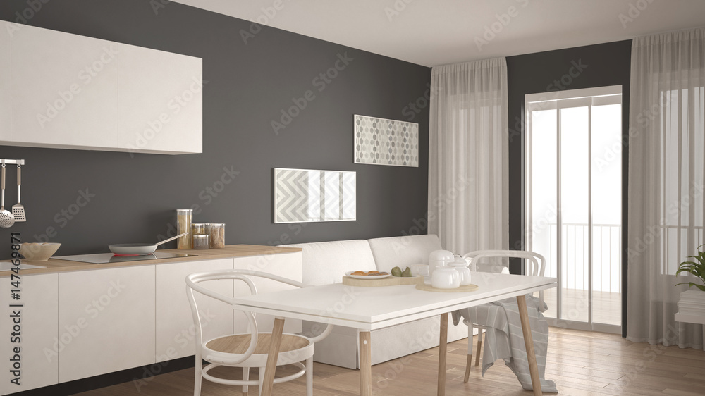 Scandinavian kitchen with sofa and table, wooden parquet floor, white and gray minimalist interior design Scandinavian kitchen with sofa and table, wooden parquet floor, white and gray minimalist interior design