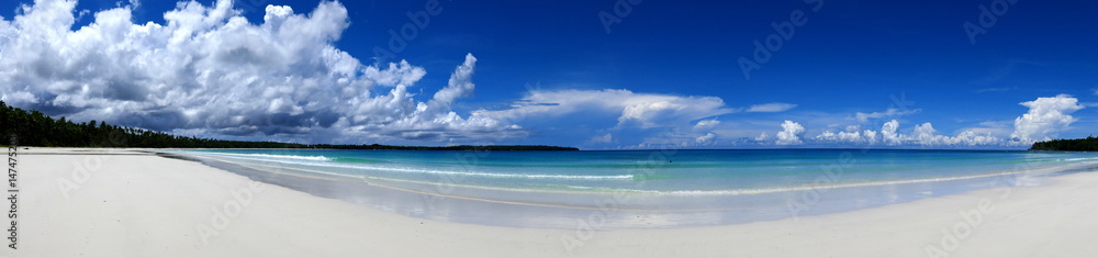 Panoramablick vom blauen Meer auf langen, weißen Sandstrand mit Palmen und dramatischen Wolken