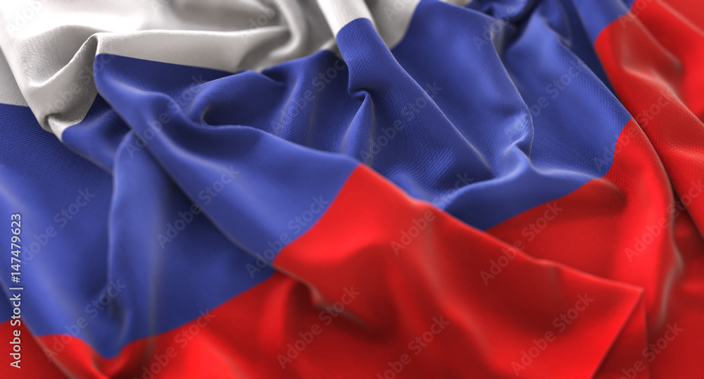 Russia Flag Ruffled Beautifully Waving Macro Close-Up Shot