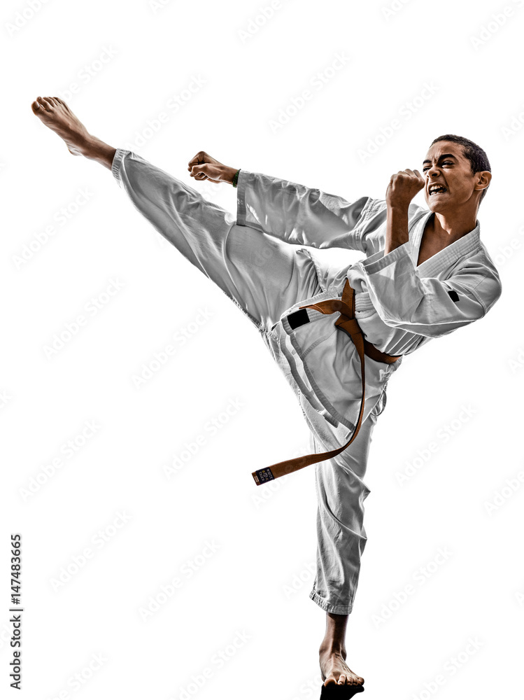one karate kata training teenagers kid isolated on white background one karate kata training teenagers kid isolated on white background