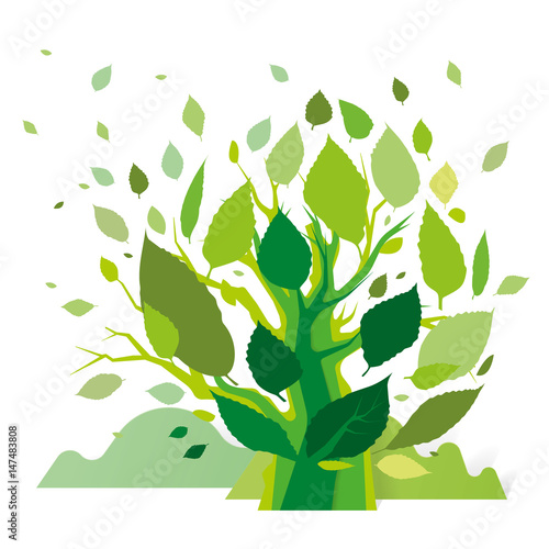 Paper art carved, tree with leaves, wind, nature and ecology concept