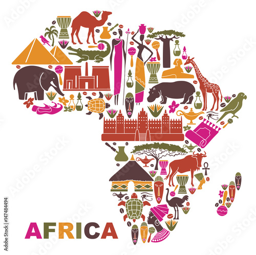 Traditional symbols of Africa in the form of a map