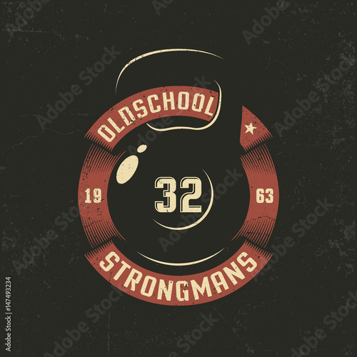 Old school weight with a circular ribbon - Logo template for retro gym. Grunge texture on separate layers and can be easily disabled.