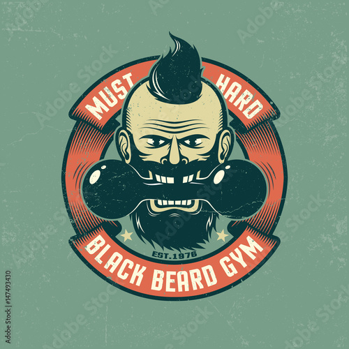 Bearded man holds in his mouth an old dumbbell. Grunge poster in retro colors. Shabby texture on separate layers and can be easily disabled.